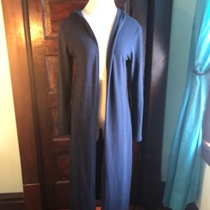 Alya navy duster with hood/long sleeve/crochet Heart as elbow patches/Medium